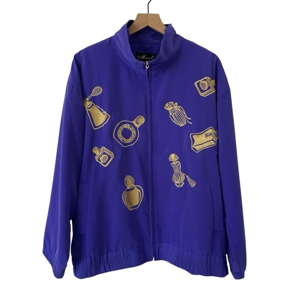 VTG 80s Women XL Windbreaker Jacket Full Zip Mock Neck Perfume Embroidery Purple - Picture 1 of 16